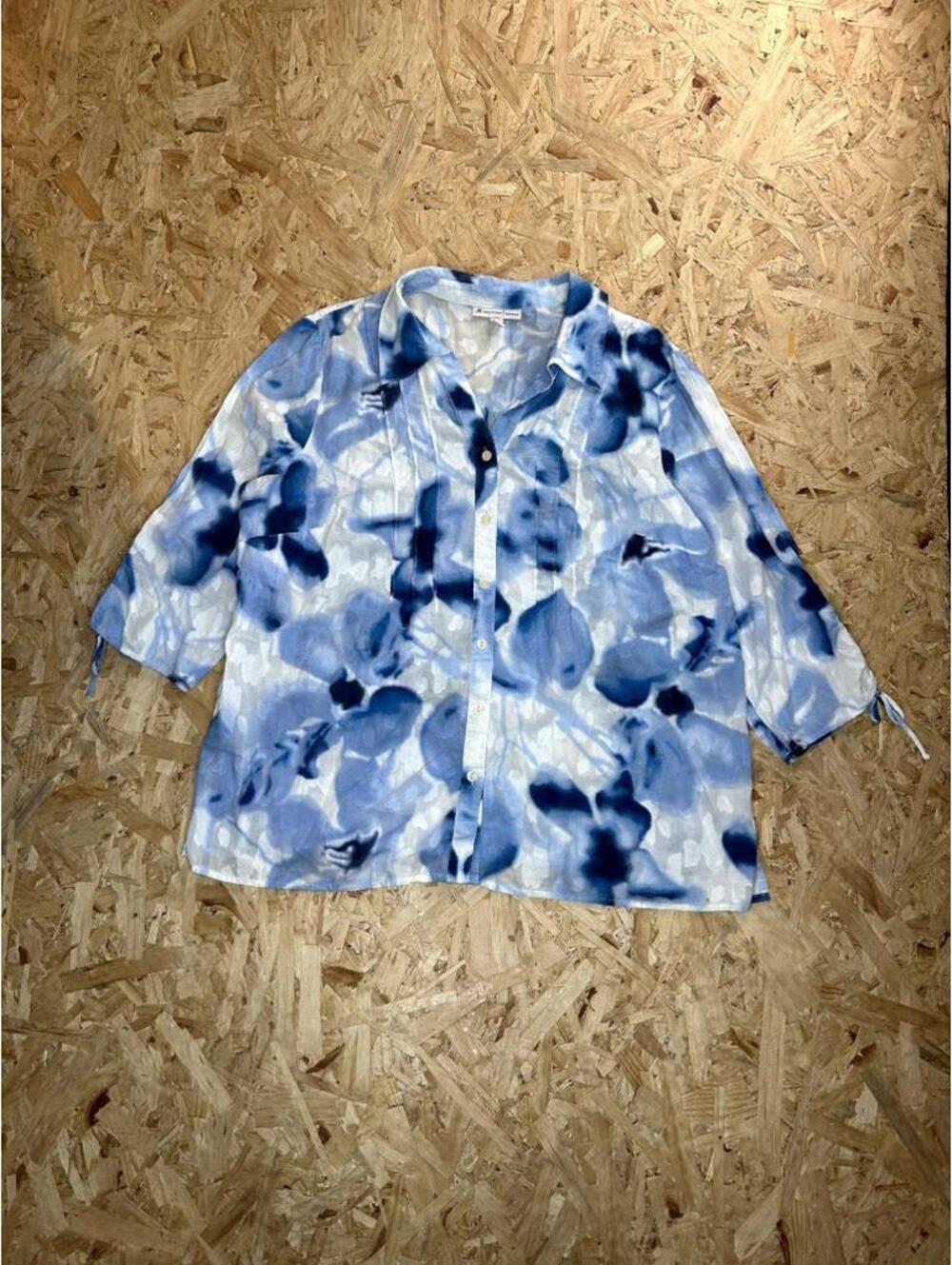 JM Collection Woman Blouse 20W Blue White Floral Cotton Button Up 3/4 Sleeve